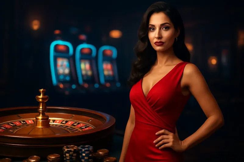 Elegant woman in red dress near roulette and slot machines with gold coins and poker chips in luxury casino atmosphere