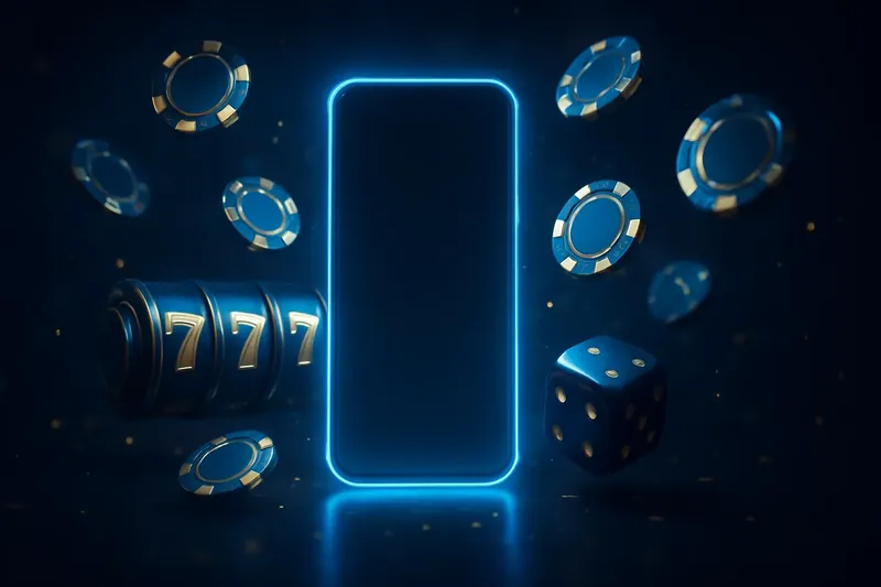 Glowing smartphone with casino chips, slot reels, and dice on dark gold background